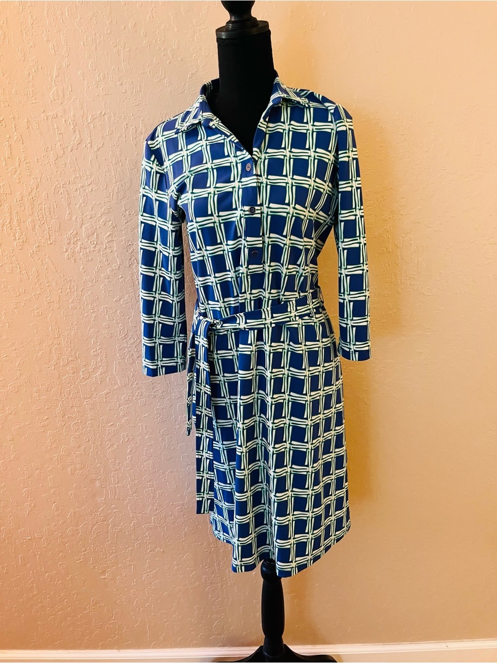 J. McLaughlin Blue and Green Calla Geometric Shirt Dress